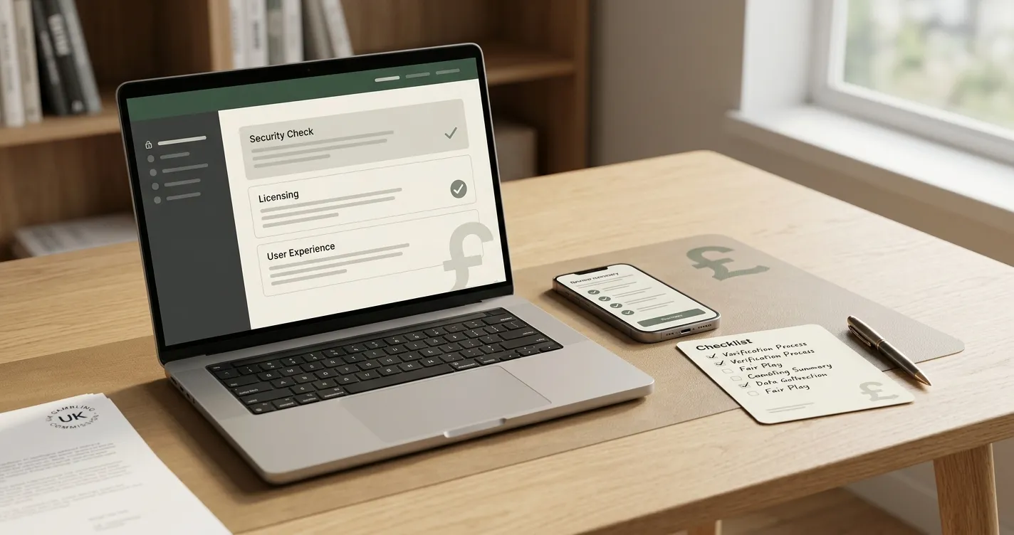 Conceptual UK online casino review setup with a laptop, phone and checklist