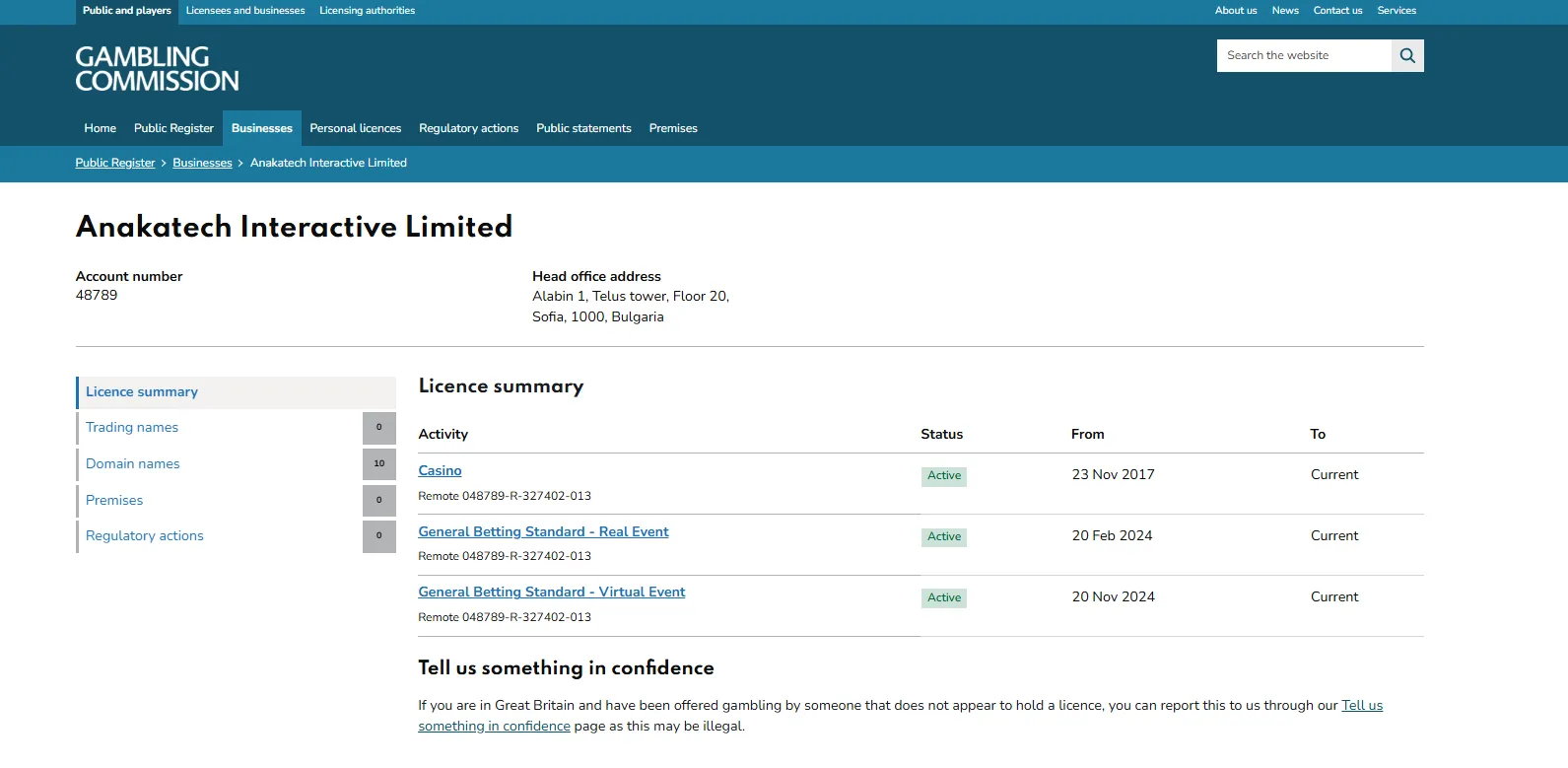 UK Gambling Commission public register entry for Anakatech Interactive Limited
