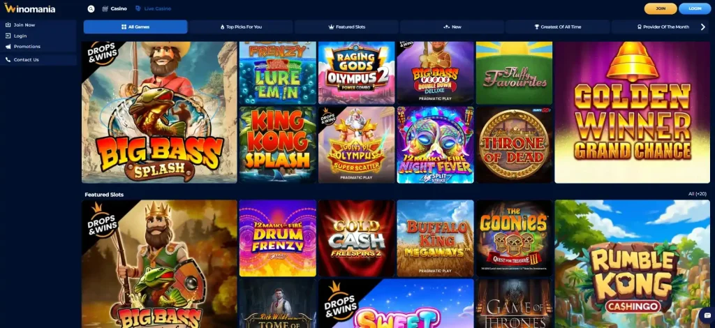 Winomania games lobby with several casino categories visible