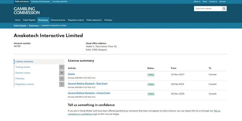 UK Gambling Commission licence register entry for Anakatech Interactive Limited