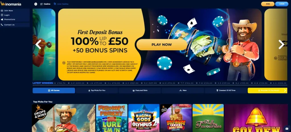 Winomania welcome offer panel on the UK website