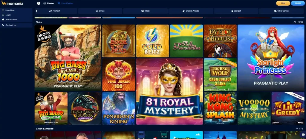 Winomania slots lobby with slot categories visible