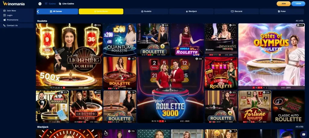 Winomania live casino lobby with dealer-led categories visible